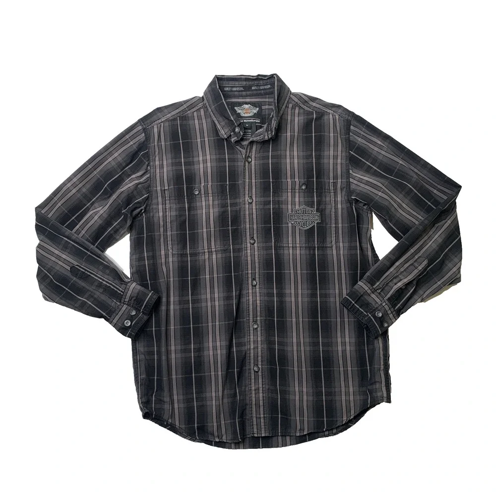 Harley Davidson Shirt Men M Medium Gray Black Cotton Plaid Button Up Long Sleeve